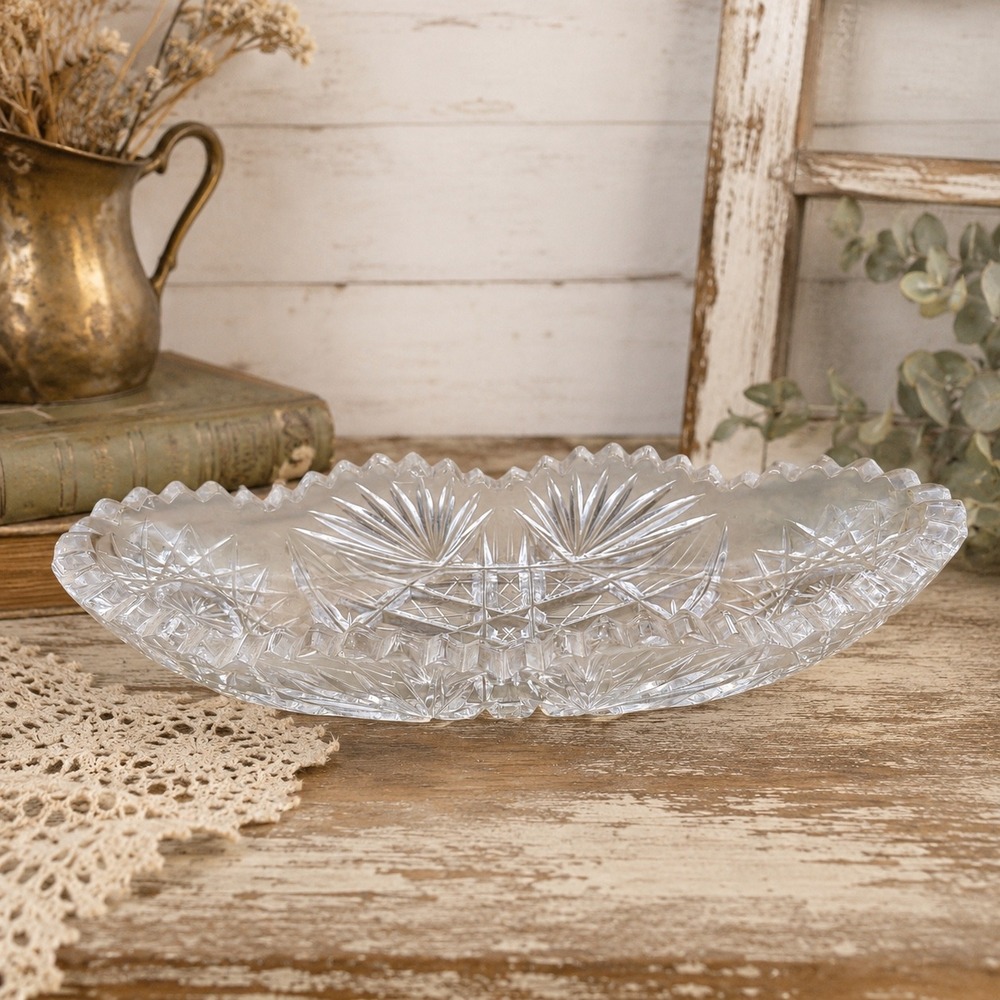 Vintage‎ American Brilliant Cut Glass Celery Dish Relish Tray Starburst Sawtooth